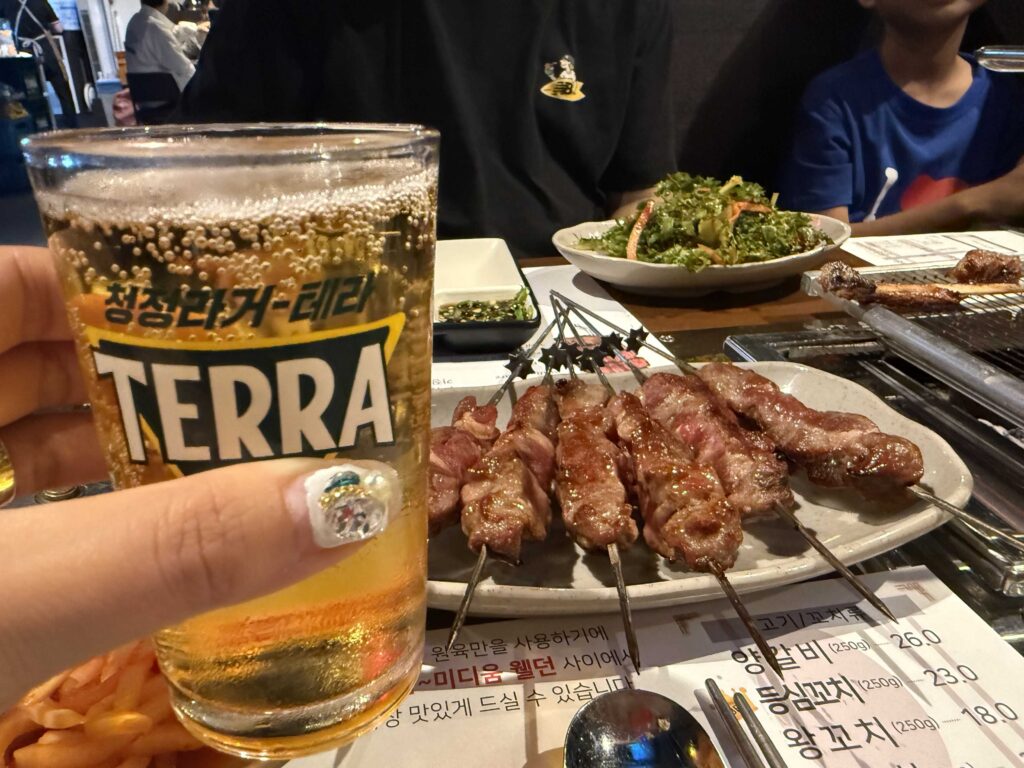 Terra beer and lamb skewers at Iga Ne Jamsil