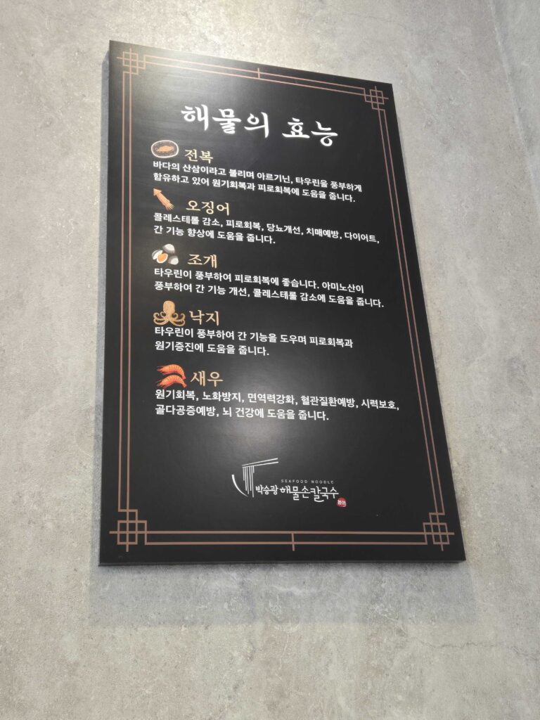 Park Seung-gwang Haemul Kalguksu health benefits of seafood wall sign
