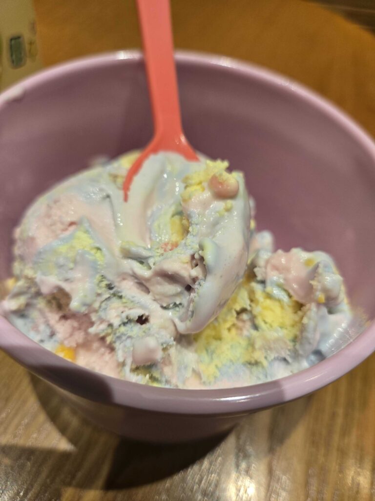 Close-up of Wonderland Forest ice cream scoop at Baskin-Robbins