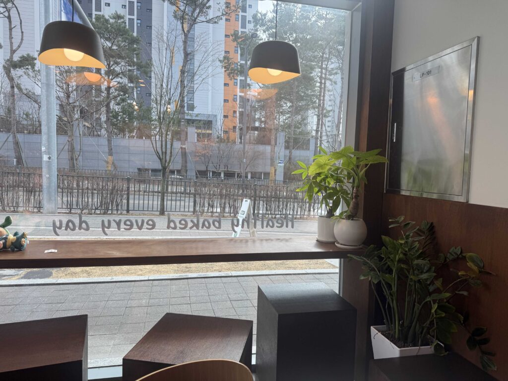 Cozy interior seating area with large windows in Gamil bakery