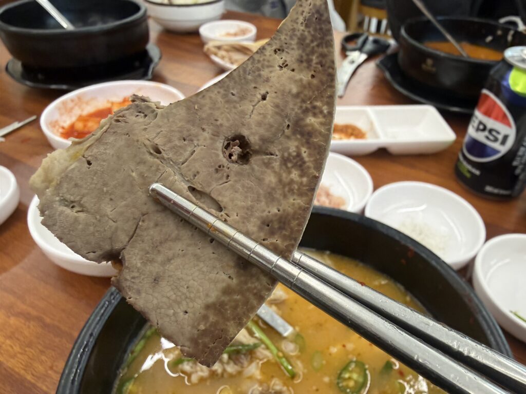 Sundae blood sausage lifted with chopsticks over soup Dalbit-e Goeun Sokcho