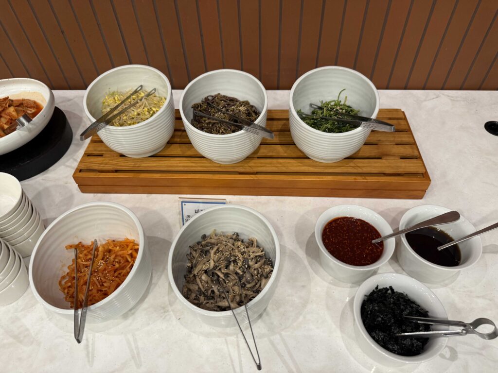 Korean banchan side dishes at Oak Valley Resort breakfast buffet Wonju