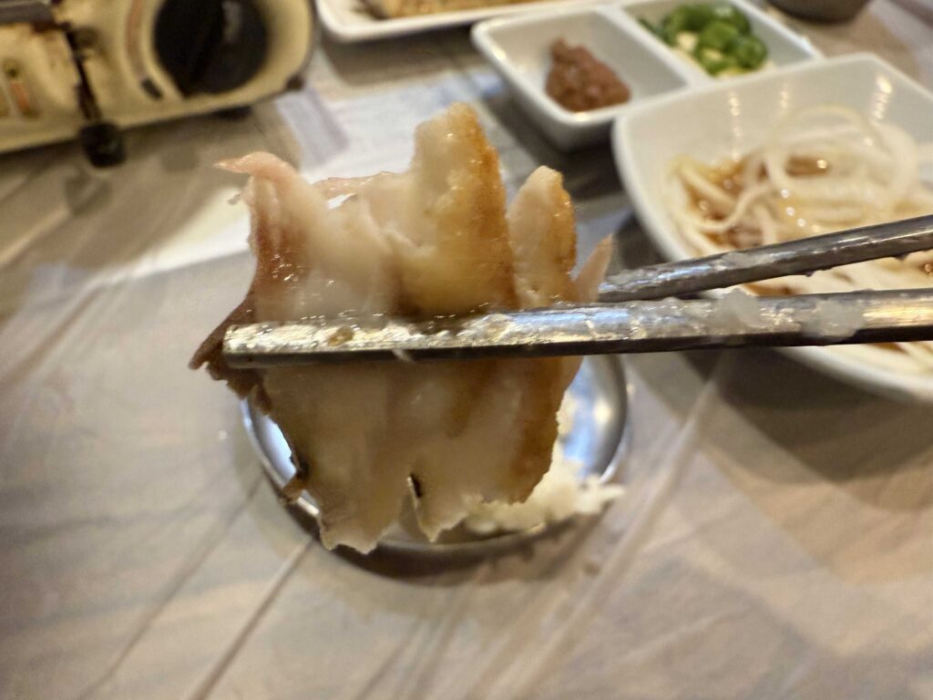 Fresh raw pork belly slices prepared for Korean BBQ at Mannajeong