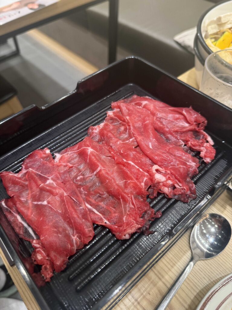 Fresh raw beef slices for shabu-shabu at Shabeu 20 Seoul buffet