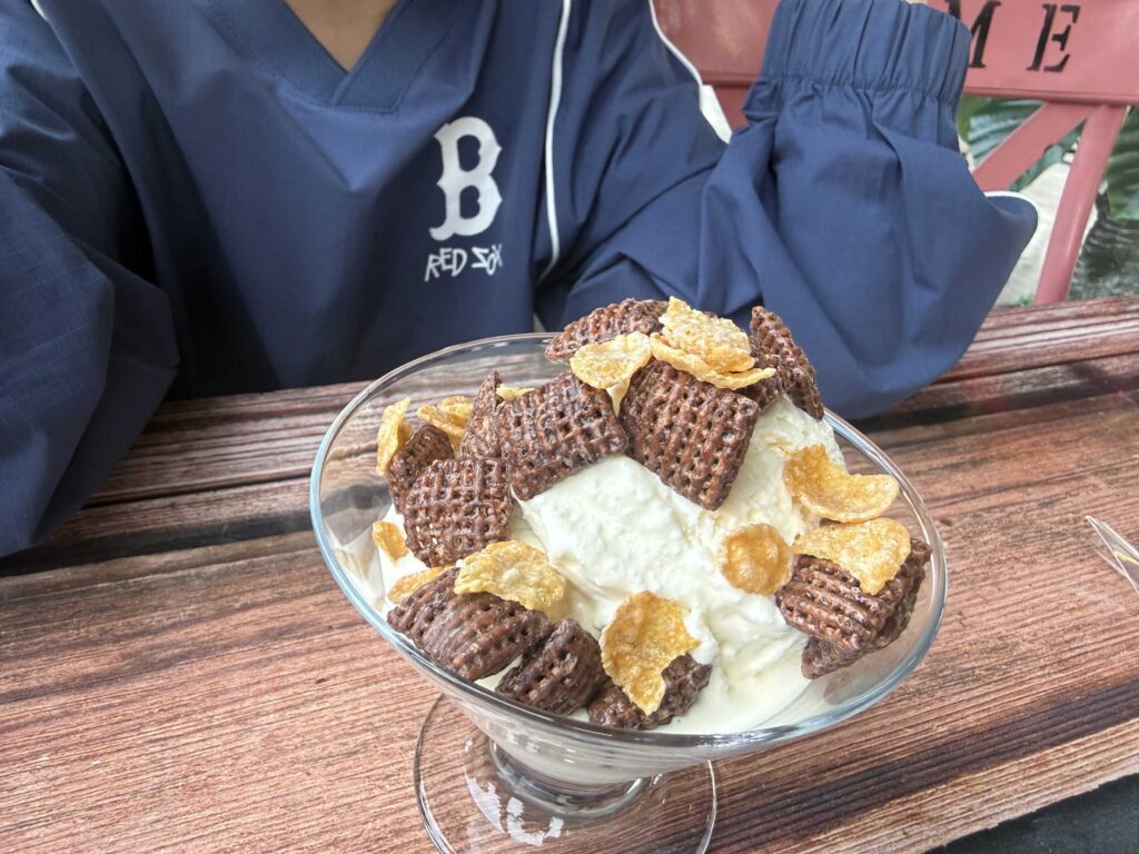 Ice cream sundae with chocolate cereal topping at Baegundang Bakery Pocheon