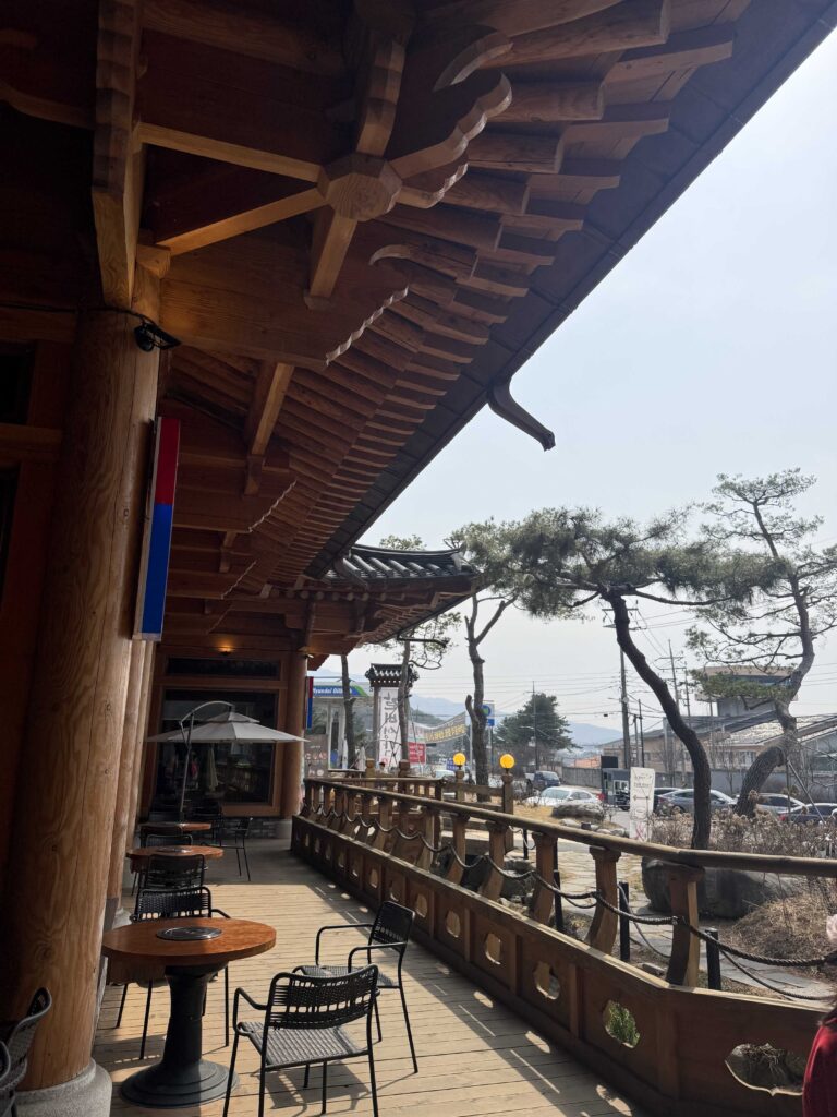 Outdoor terrace seating at the Korean BBQ hanok restaurant