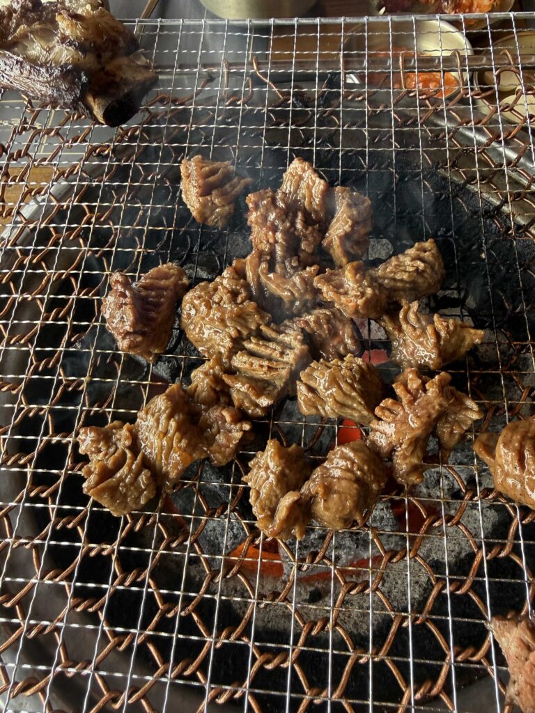 Close-up of grilled boneless galbi on charcoal