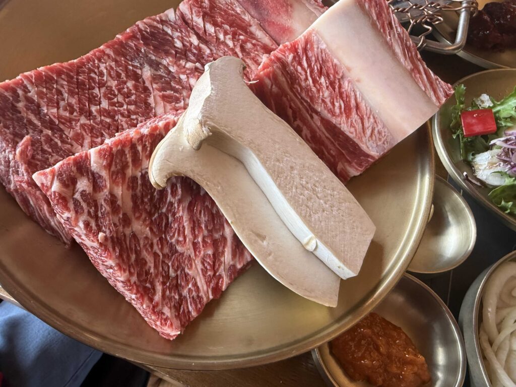 Galbi with side salad and egg on the serving plate