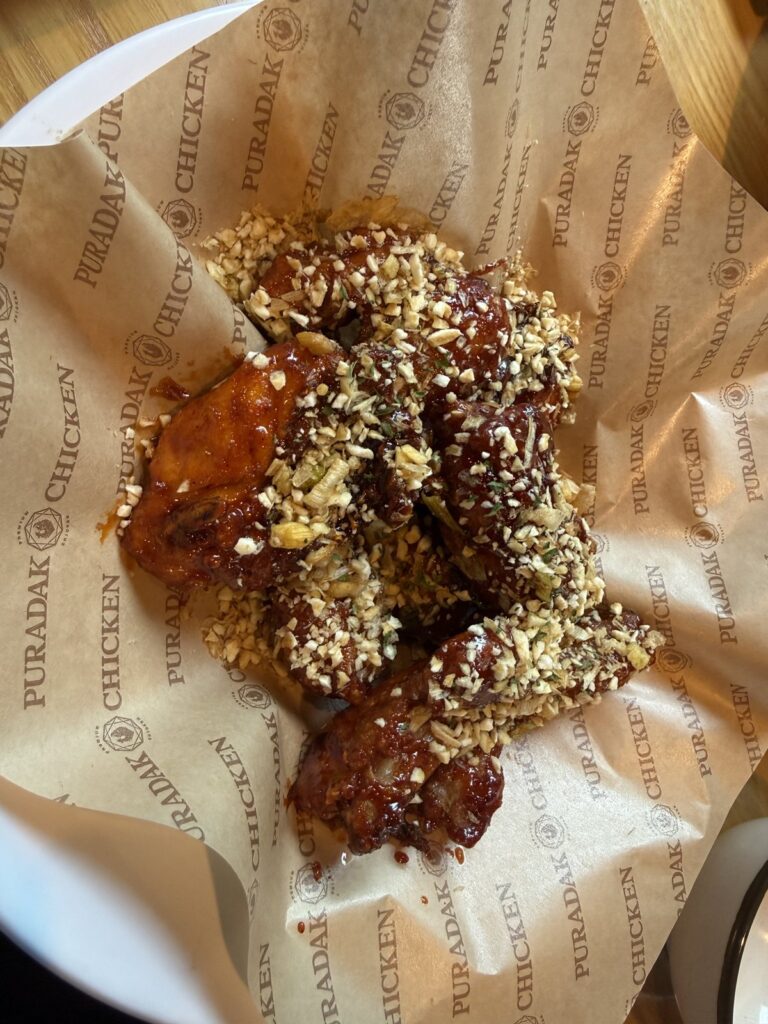 Puradak chicken with almond yangnyeom glaze