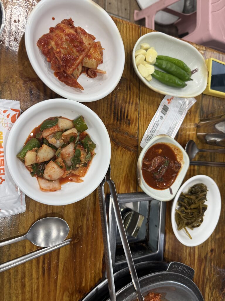 Side dishes: kimchi, radish kimchi, chilies and garlic