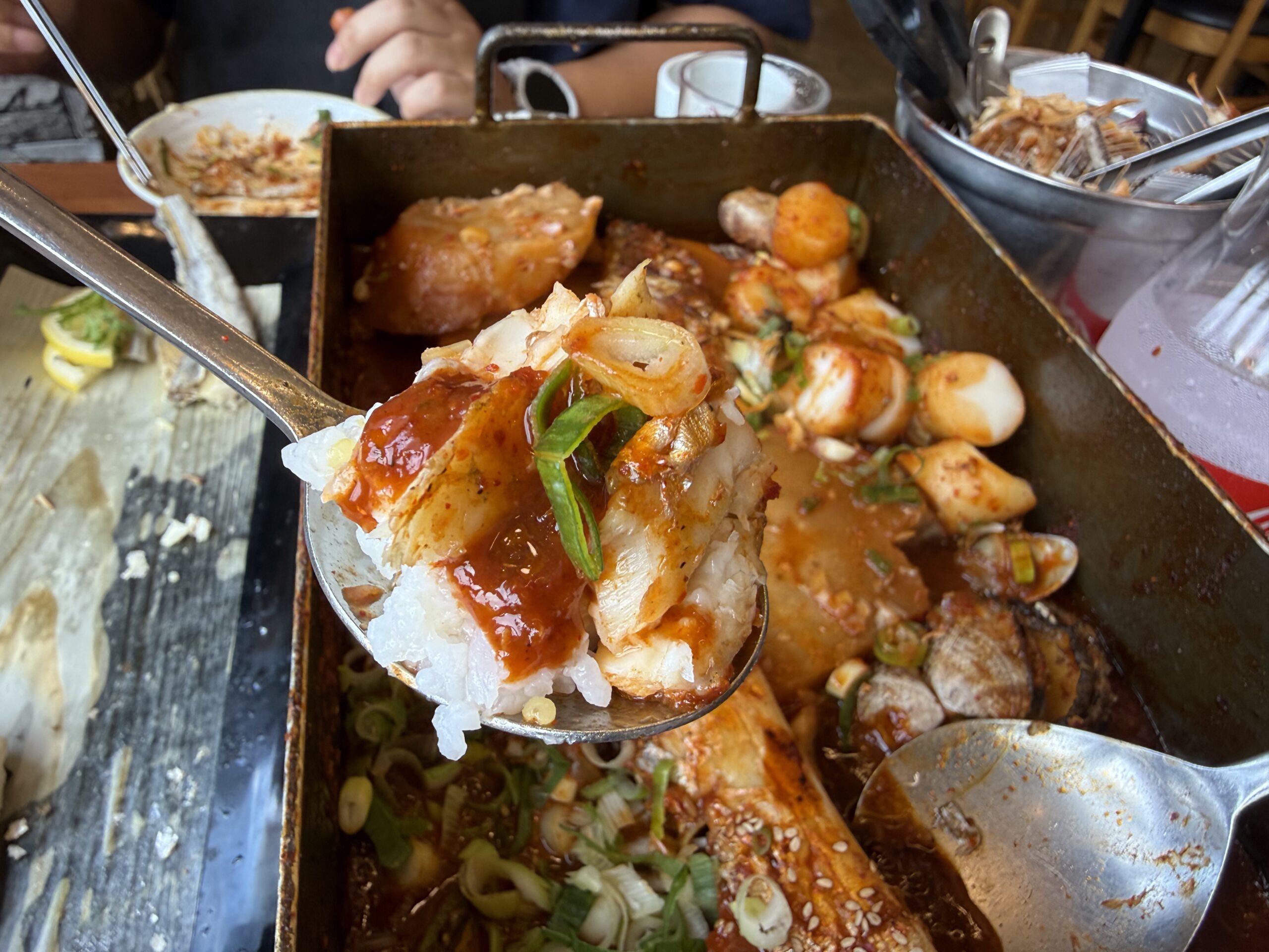 Rice topped with galchi jorim sauce at Jeju Gwanghae Aewol