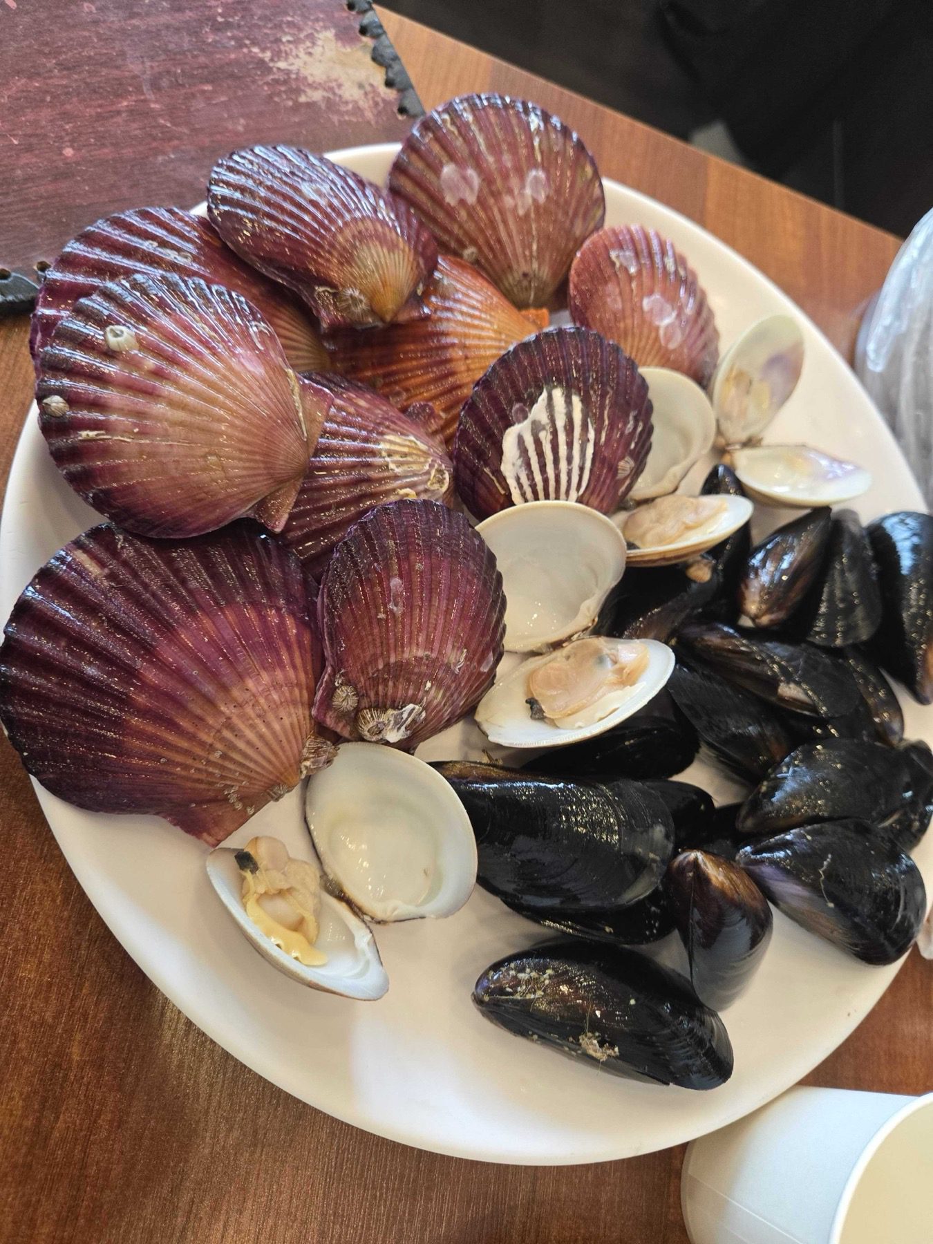 Raw scallops clams and mussels on a white platter before going into the kalguksu pot at Park Seung-gwang