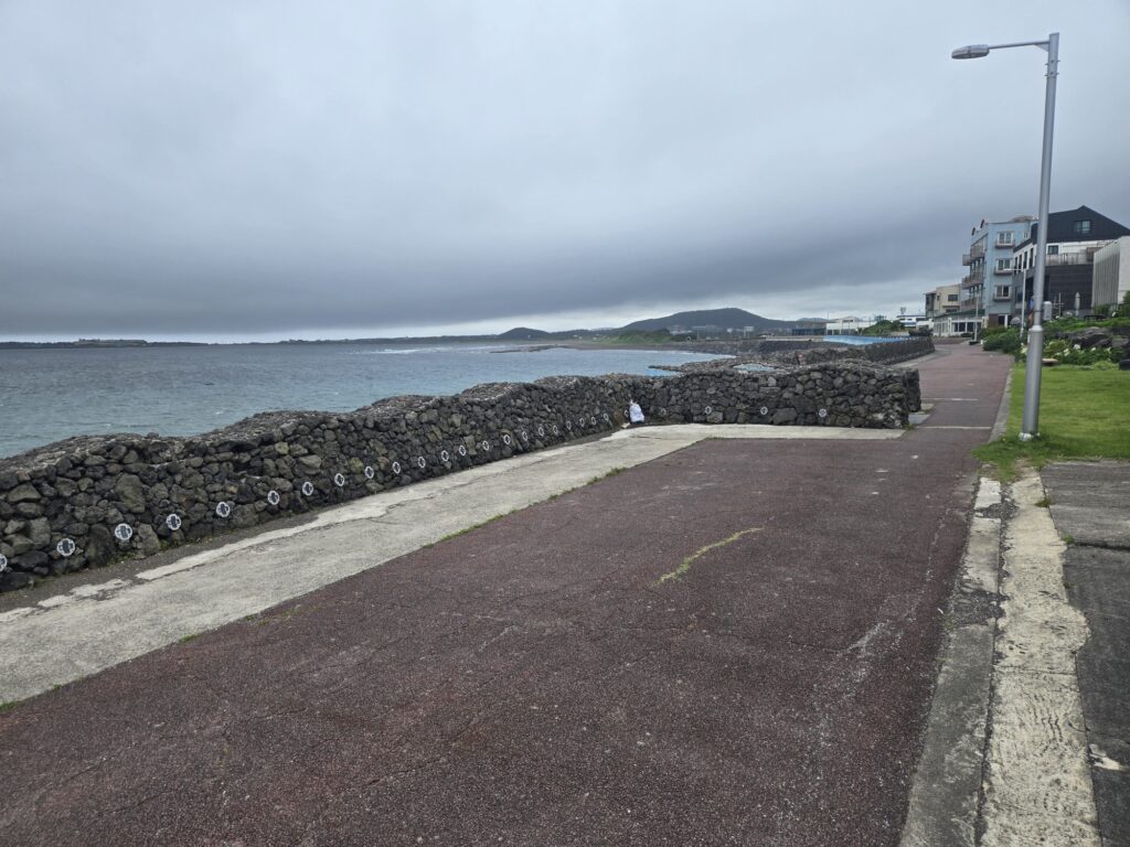 The coastal path and stone wall in front of the restaurant