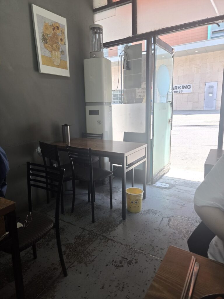 The seating area near the glass door, with the sunflower print on the wall