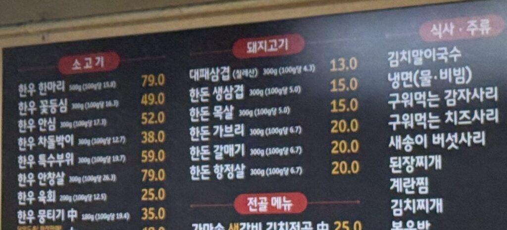 The menu board: beef, pork and meals